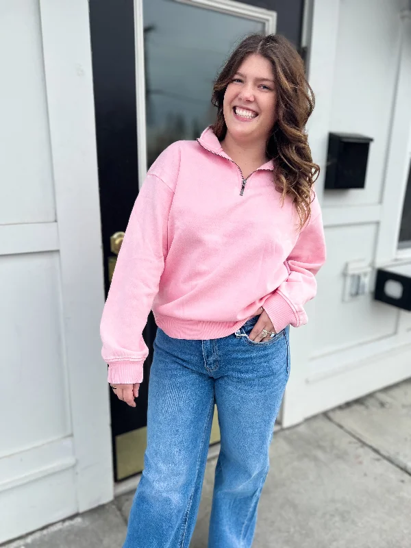 Casual Comfort Fleece Half Zip Pullover- DK Pink