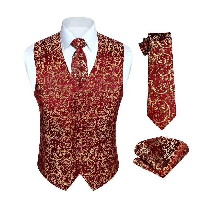 Paisley Floral 3pc Suit Vest Set - A-BURGUNDY FLORAL