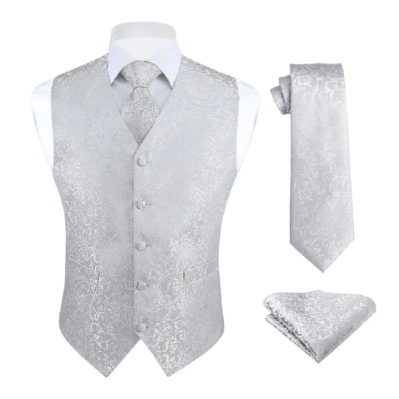 Paisley Floral 3pc Suit Vest Set - GRAY/SILVER