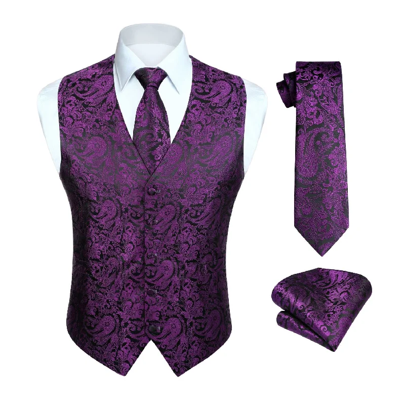 Paisley Floral 3pc Suit Vest Set - PURPLE -1