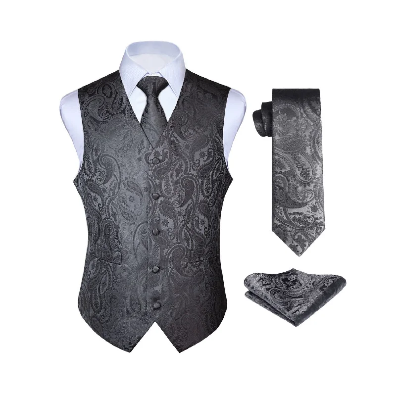 Paisley Suit Vest Tie Handkerchief Set - GREY-1