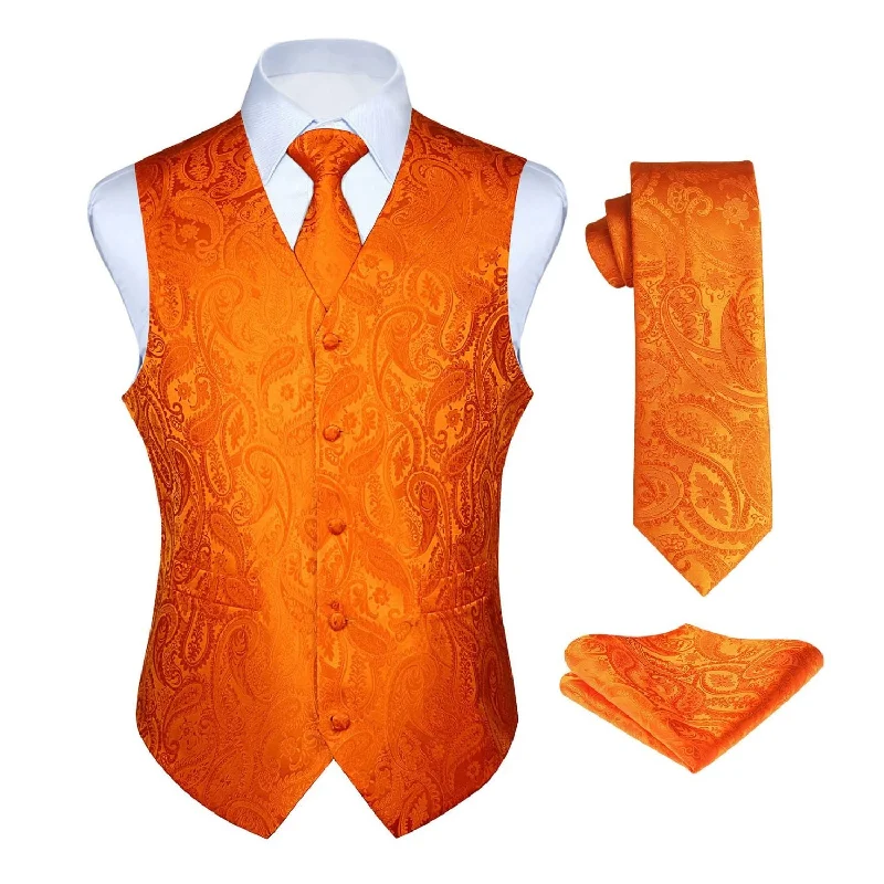 Paisley Suit Vest Tie Handkerchief Set - ORANGE