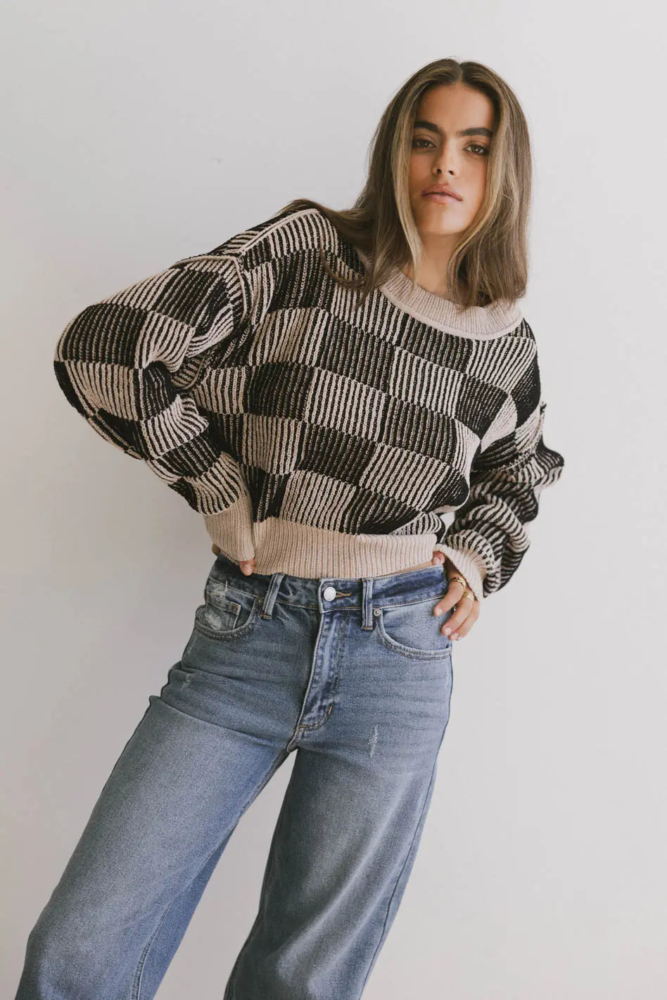 Cielo Checkered Sweater in Taupe