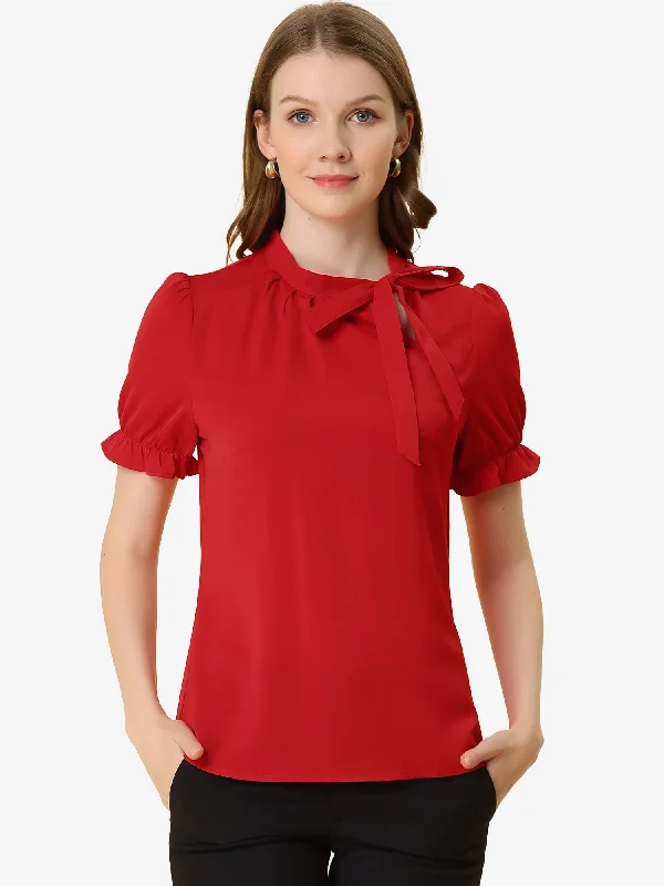 Bow Tie Neck Elegant Office Short Sleeve Blouse