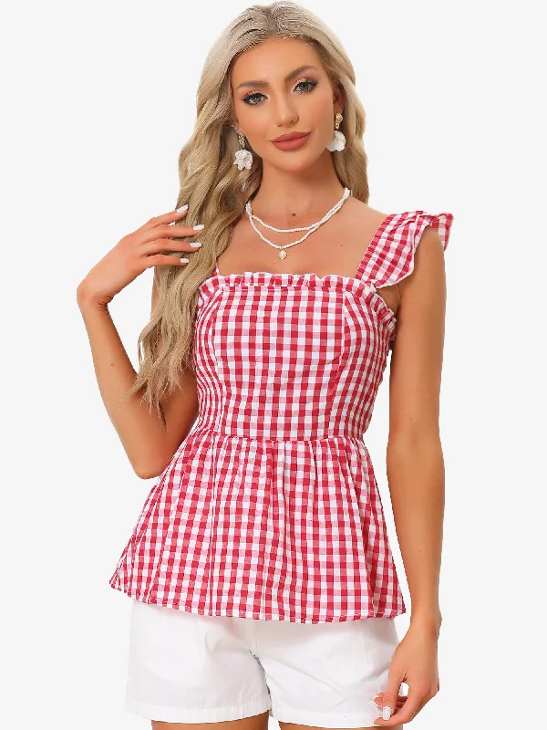 Gingham Peplum Top Summer Square Neck Sleeveless Plaid Blouse