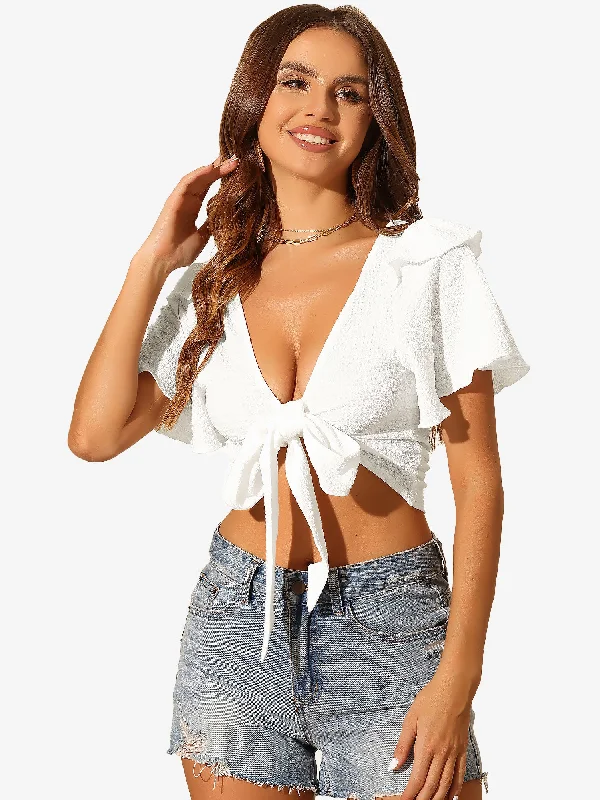 Lace-Up Back/Front Flared Short Sleeve Cropped Blouse