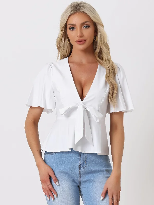 Ruffle Sleeve Bow Tie Decor Deep V Neck Sexy Peplum Blouse Top