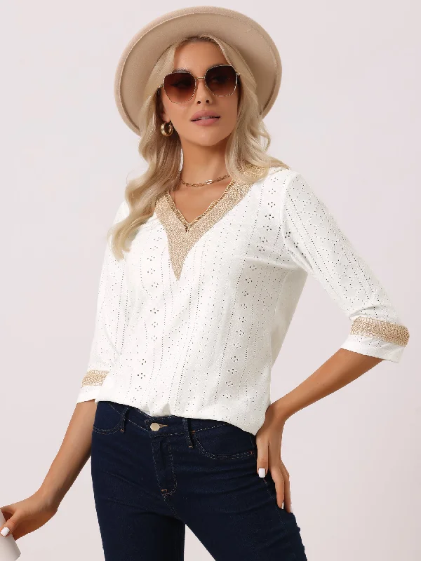 Contrast Color V Neck Loose Lace Trim Eyelet Boho Blouse