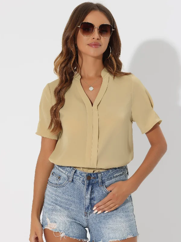 Dressy Casual V Neck Short Sleeve Satin Blouse