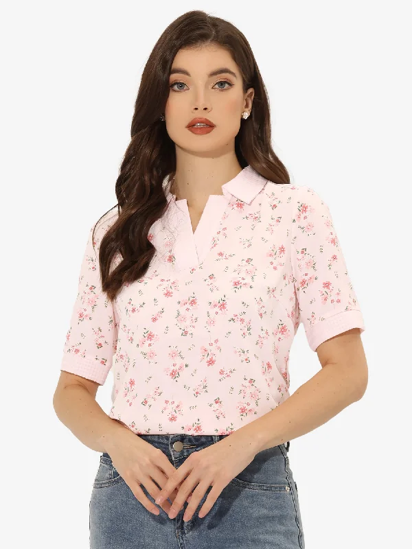 Floral Turndown Collar Split Neck Short Sleeve Elegant Blouse