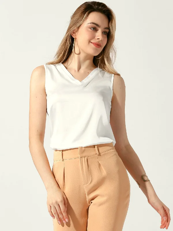 Sleeveless Work Business V Neck Satin Blouse