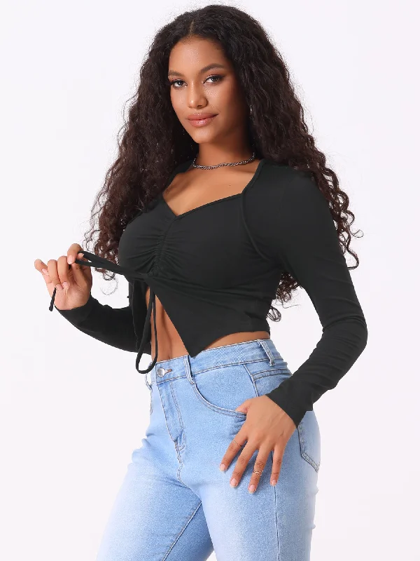 Ruched Lace-Up Asymmetrical Hem Y2K Drawstring Crop Tops