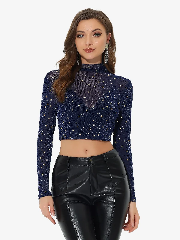 Mesh Crop Top Stars Mock Neck Party See Through Blouse