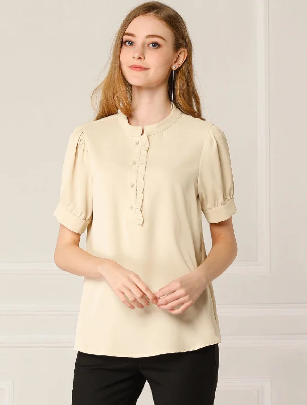 Work Office Top Puff Sleeve Half Placket Ruffled Shirt Blouse