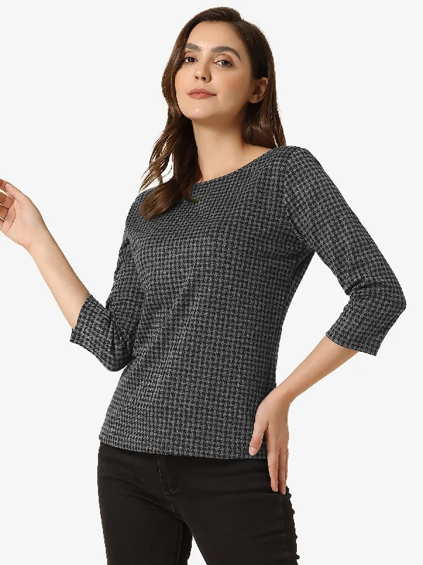 Work Office 3/4 Sleeve Boat Neck Houndstooth Printed Top Blouse