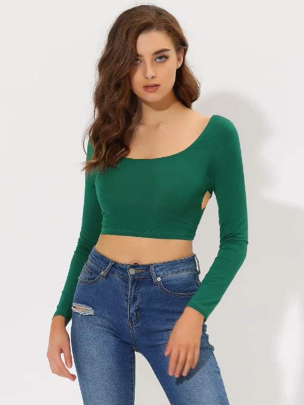 Sexy Crop Top Long Sleeve Scoop Neck Crisscross Tie Back Blouse