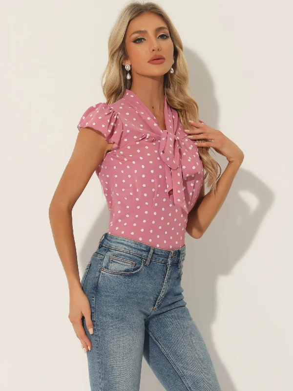 Summer Polka Dots Top Bow Tie V Neck Ruffled Cap Sleeve Office Blouse