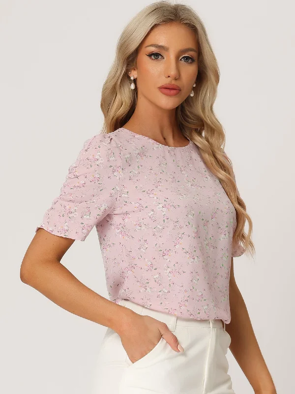 Floral Crew Neck Ruched Sleeve Casual Blouse