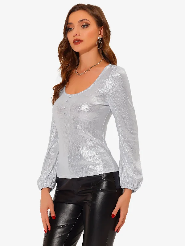 Metallic Holographic Lantern Sleeve Party Shiny Glitter Blouse