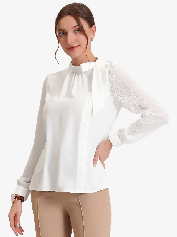 Bow Tie Neck Blouse Work Office Side Buttons Chiffon Elegant Tops