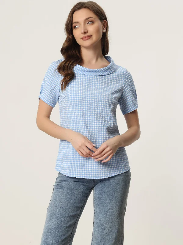 1950s Round Collar Short Sleeve Gingham Tops