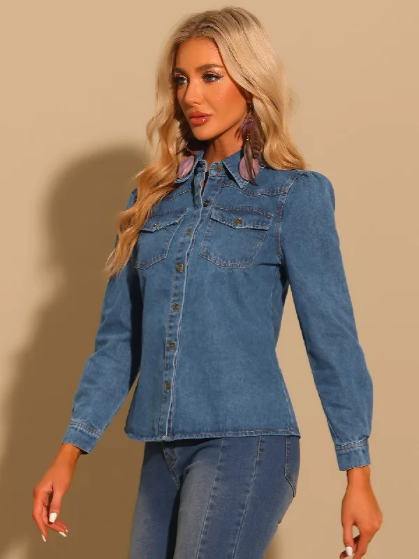 Casual Denim Shirt Button Down Puff Long Sleeve Jean Blouse