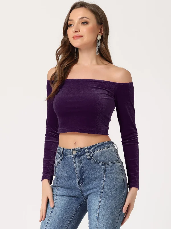 Velvet Solid Stretch Long Sleeve Off Shoulder Crop Top Blouse