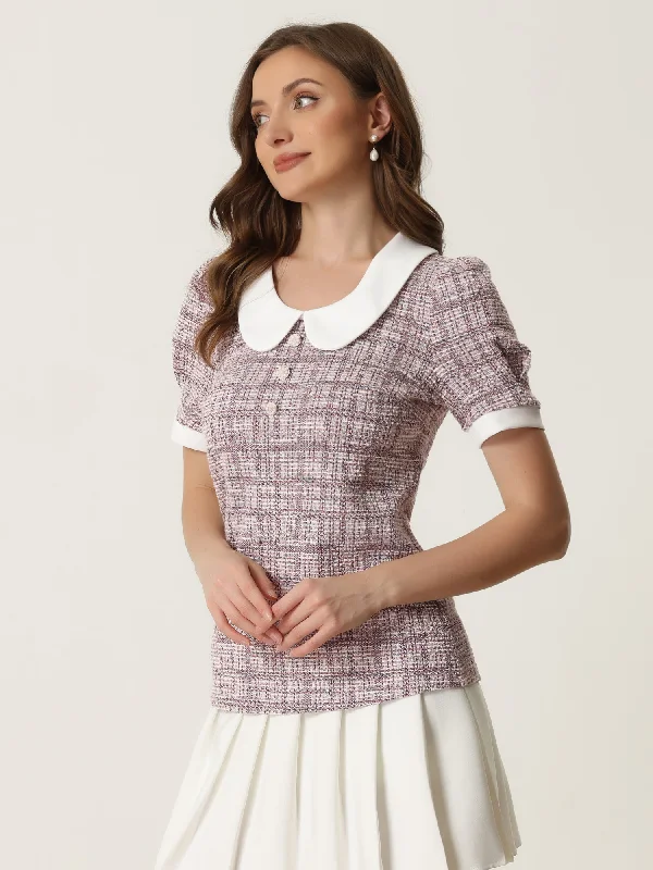 Tweed Top Button Decor Peter Pan Collar Blouse