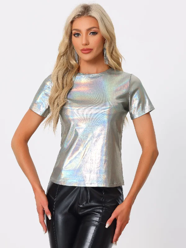 Glitter Metallic Short Sleeve Shiny Multicolor Blouse