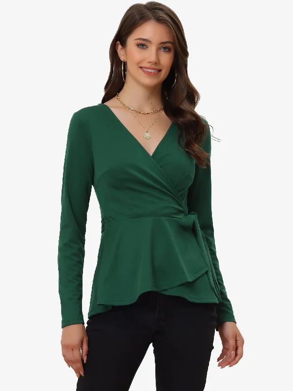 Casual Wrap Peplum V Neck Long Sleeve Tie Waist Knit Blouse