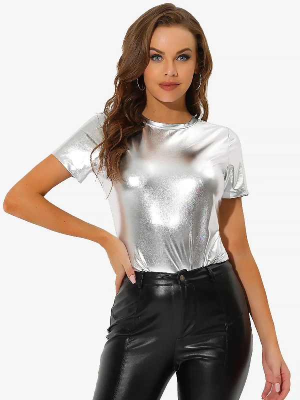 Party Metallic Textured Short Sleeve Shiny Multicolor Top