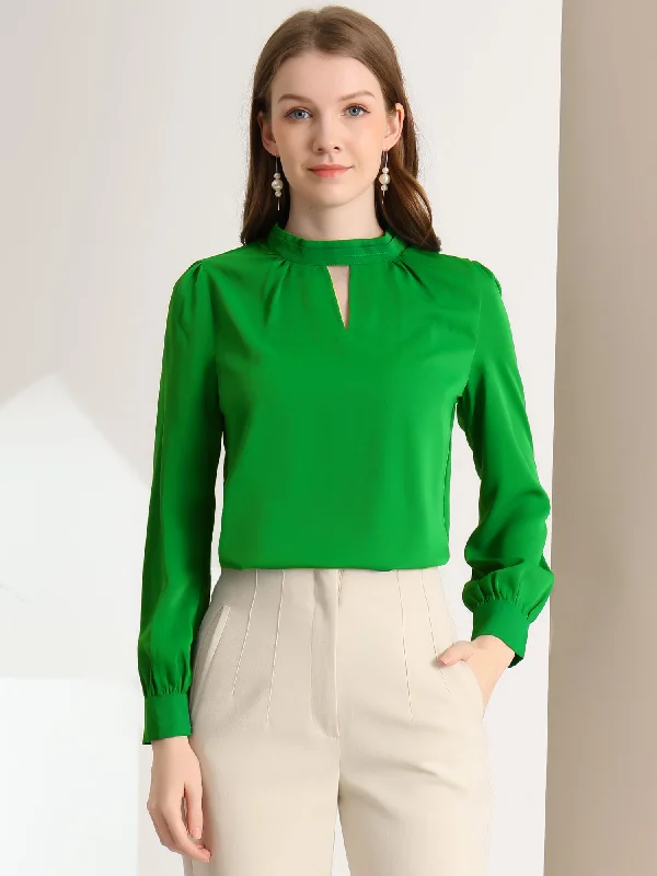 Work Keyhole Shirt Stand Collar Long Sleeve Chiffon Blouse