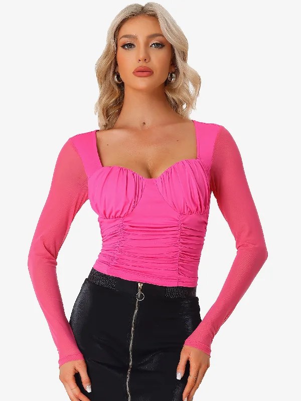 Long Sleeve Mesh Sweetheart Neck Padded Bust Ruched Blouse