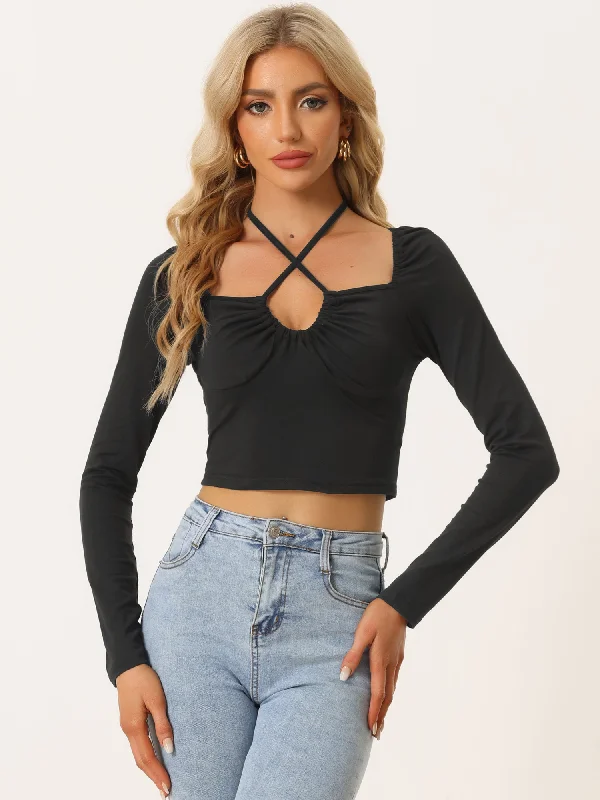 Sexy Criss Cross Halter Neck Tie Up Basic Long Sleeve T-Shirt