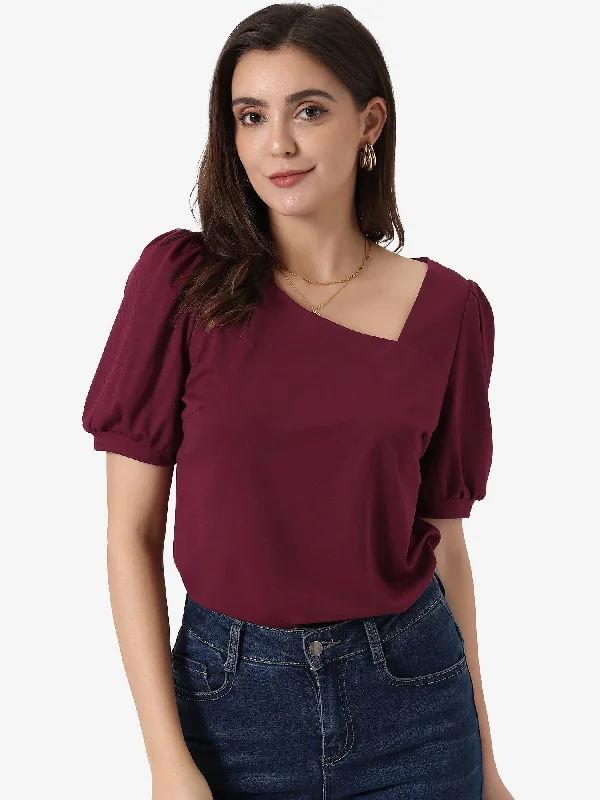 Casual Puff Short Sleeve Asymmetrical V Neck Loose Fit Blouse