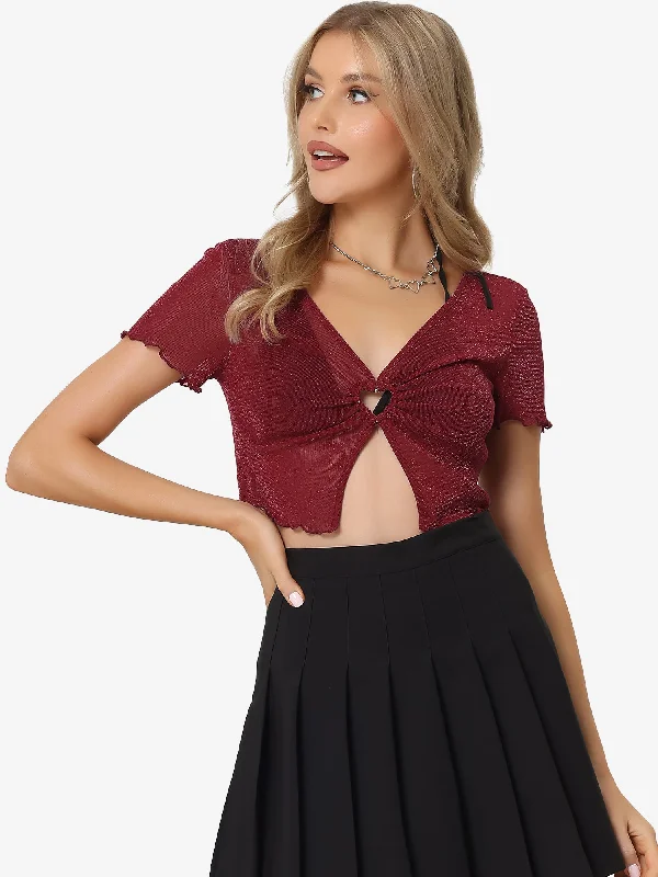 Cutout Glitter V Neck Mesh Sheer Shimmer Crop Tops