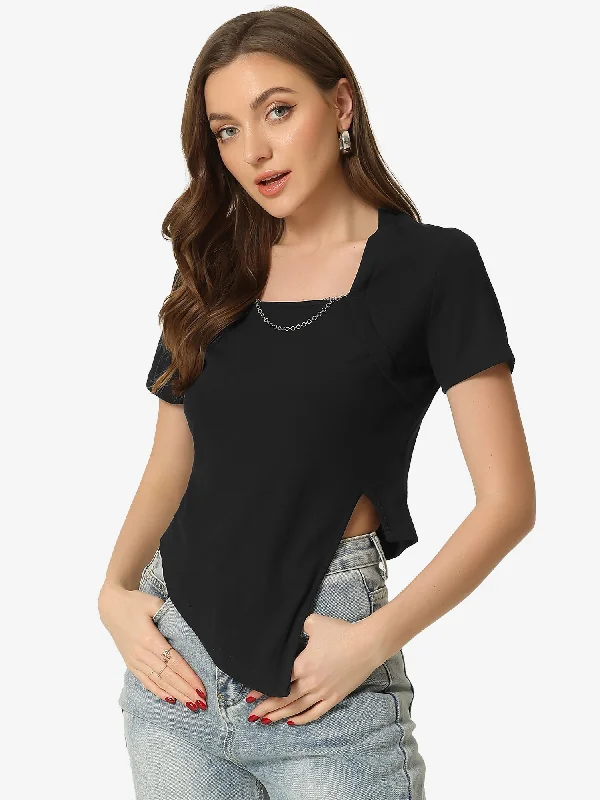 Short Sleeve Square Neck Asymmetrical Split Crop Top