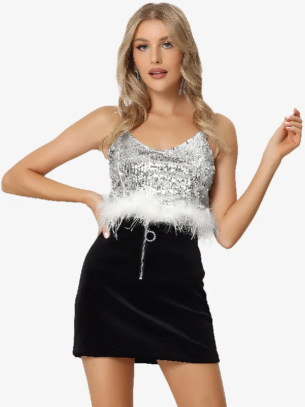 Metallic Sequin Cropped Sparkle Glitter V Neck Sleeveless Party Club Tops