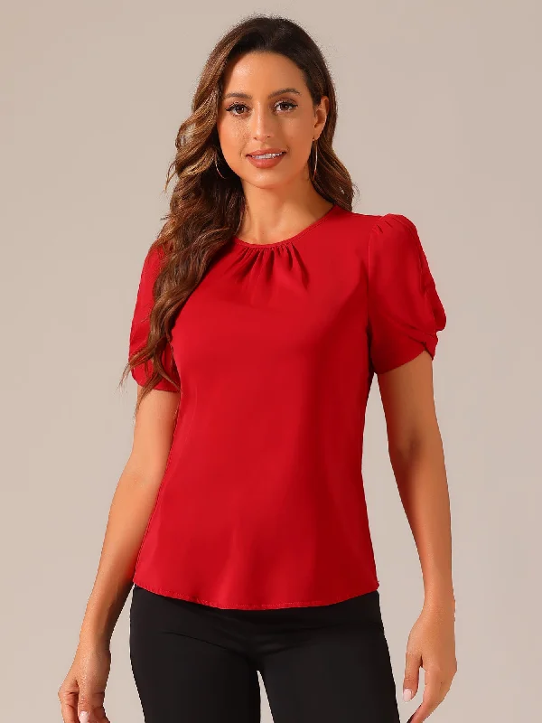 Ruched Sleeve Pleated Front Round Neck Blouse