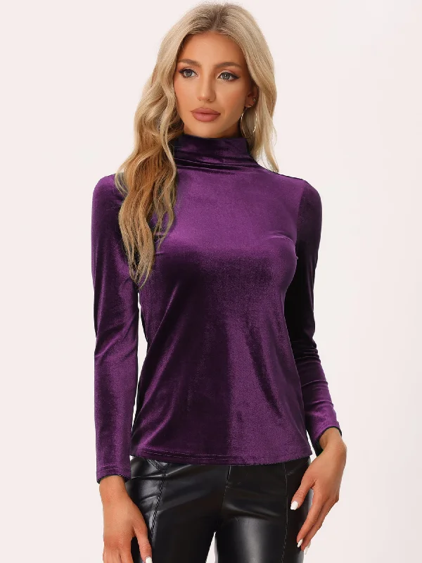 Turtleneck Velvet Top Long Sleeve Work Shirt Basic Velour Blouse