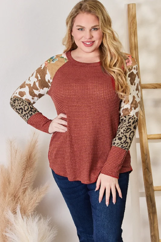 Full Size Leopard Waffle-Knit Blouse