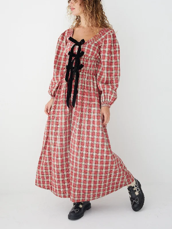 Dakota Bow Midi Dress - Red Check