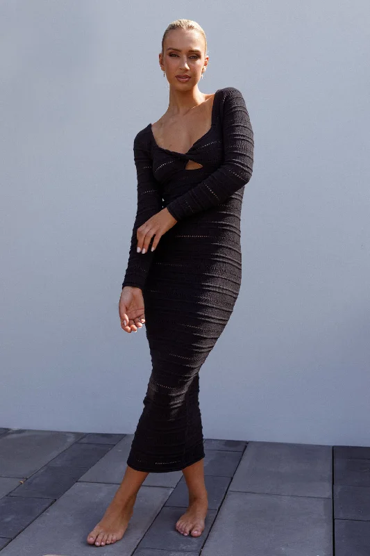 Beachside Crochet Knit Long Sleeve Midi Dress Black