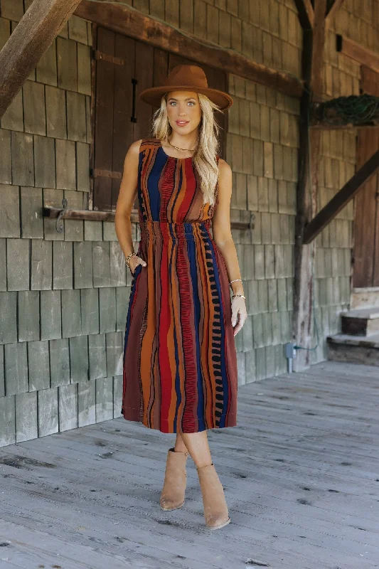 Brown Multi Print Sleeveless Midi Dress