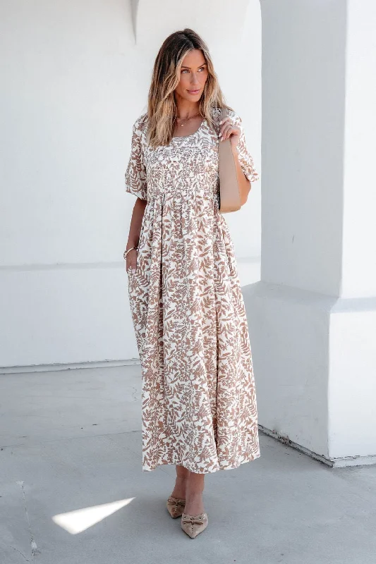 Cream Print Smocked Maxi Dress