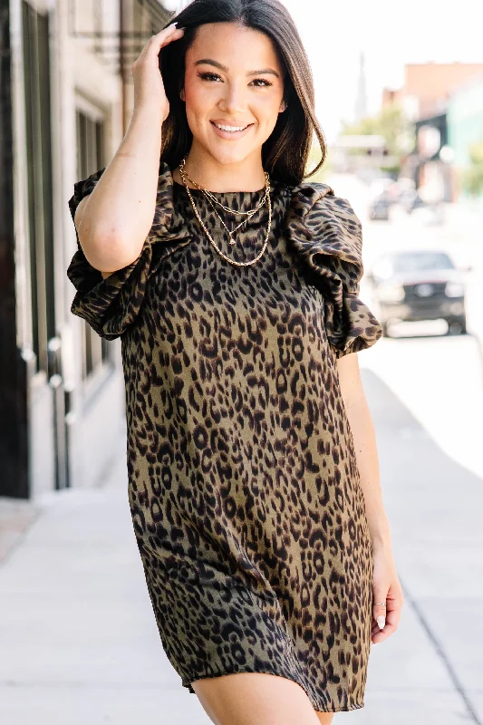 Give You A Look Olive Green Leopard Shift Dress