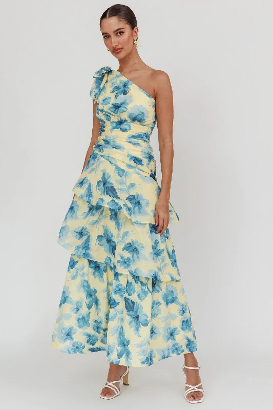 Kenny One Shoulder Tiered Floral Maxi Dress Yellow