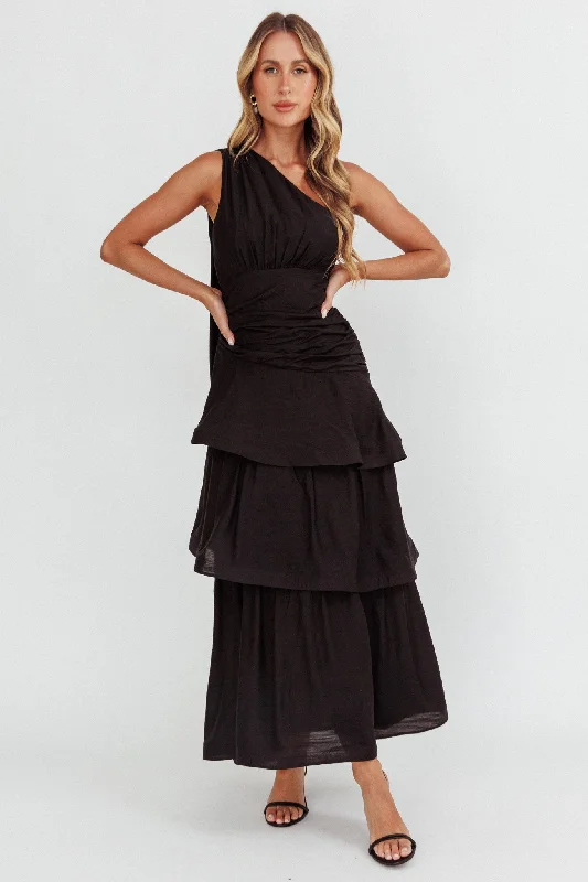 Kenny One Shoulder Tiered Maxi Dress Solid Black