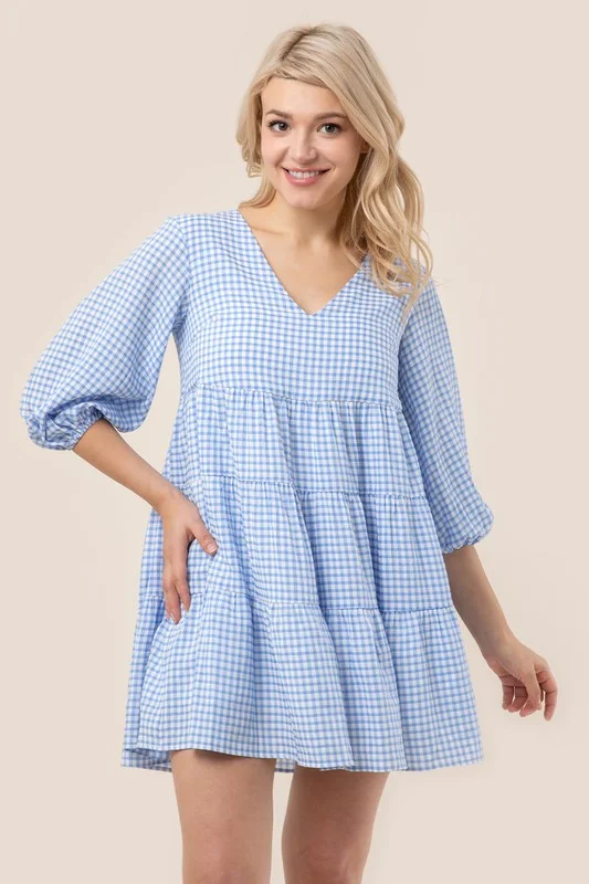 Sleeved Tiered Gingham Short Casual Swing Dress