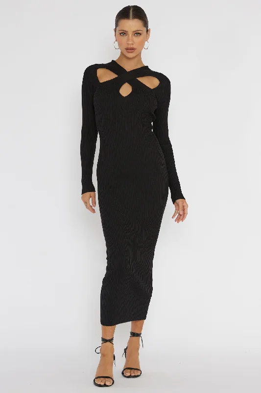 One Mind Cut-Out Neckline Knit Midi Dress Black